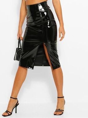 Commando Black High-Shine Patent Midi Pencil Skirt with Front Slit